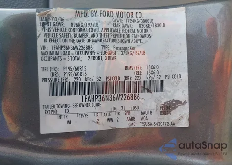 2006 Ford Focus Zxw from USA, damaged, VIN 1FAHP36N36W226886